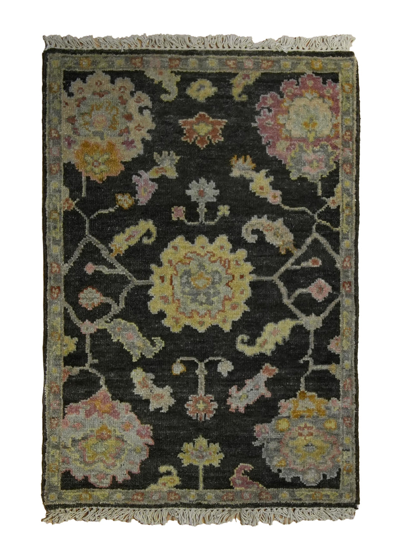 A35162 Oriental Rug Indian Handmade Area Transitional 2'0'' x 3'0'' -2x3- Black Yellow Gold Pink Floral Oushak Design