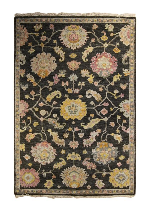 A35172 Oriental Rug Indian Handmade Area Transitional 4'1'' x 6'0'' -4x6- Black Pink Yellow Gold Floral Oushak Design