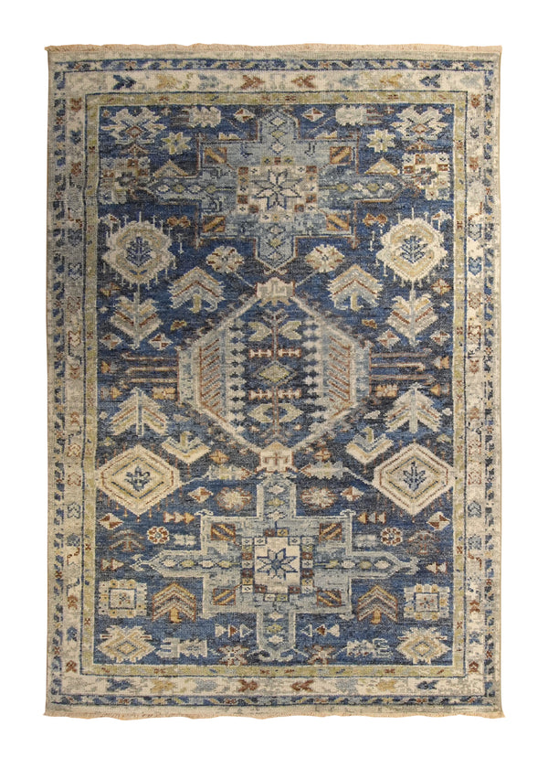 A35182 Oriental Rug Indian Handmade Area Transitional Tribal 5'12'' x 8'11'' -6x9- Whites Beige Blue Geometric Kazak Design