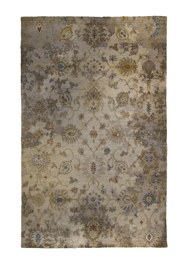 A35184 Oriental Rug Indian Handmade Area Transitional 5'11'' x 9'2'' -6x9- Whites Beige Yellow Gold Floral Oushak Design