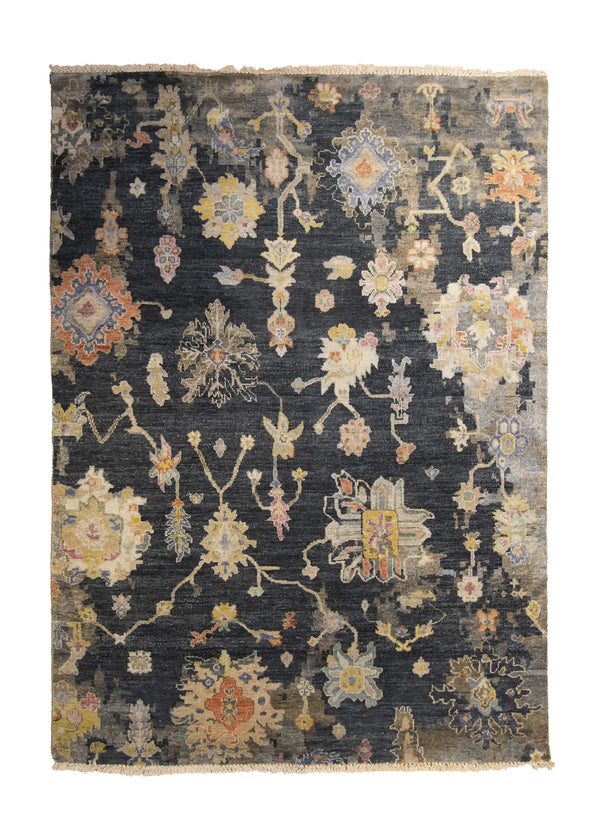A35196 Oriental Rug Indian Handmade Area Transitional 5'1'' x 7'1'' -5x7- Black Yellow Gold Floral Oushak Design