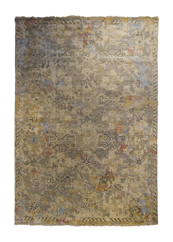 A35204 Oriental Rug Indian Handmade Area Transitional 5'12'' x 8'9'' -6x9- Whites Beige Yellow Gold Geometric Khotan Design