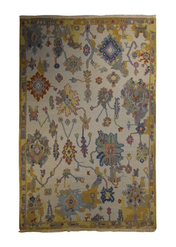A35209 Oriental Rug Indian Handmade Area Transitional 3'11'' x 6'1'' -4x6- Whites Beige Yellow Gold Floral Oushak Soumak Design