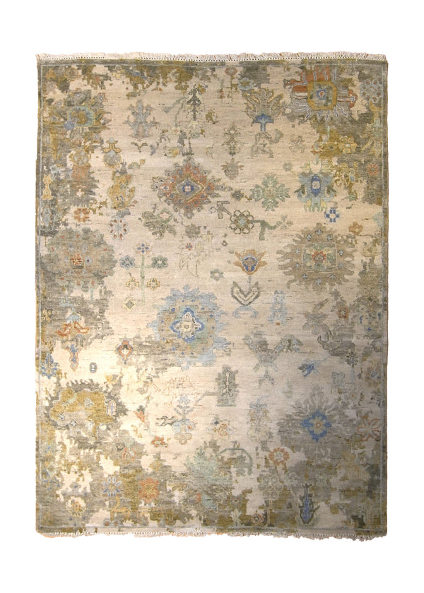 A35284 Oriental Rug Indian Handmade Area Transitional 5'2'' x 6'10'' -5x7- Whites Beige Yellow Gold Blue Geometric Oushak Design