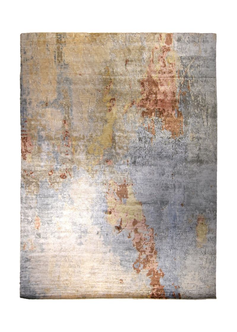 A35319 Oriental Rug Indian Handmade Area Modern 8'11'' x 12'1'' -9x12- Gray Orange Yellow Gold Abstract Splatter Design