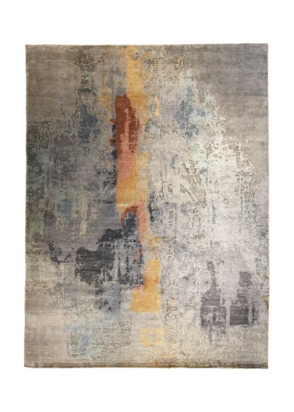 A35320 Oriental Rug Indian Handmade Area Modern 8'12'' x 12'0'' -9x12- Gray Orange Yellow Gold Abstract Splatter Design