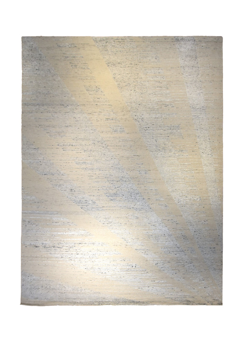 A35324 Oriental Rug Indian Handmade Area Modern Neutral 8'12'' x 12'1'' -9x12- Whites Beige Abstract Stripes Design