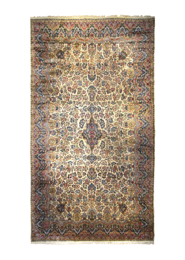 A35354 Persian Rug Kerman Handmade Area Antique Traditional 10'6'' x 18'3'' -11x18- Whites Beige Pink Blue Floral Design