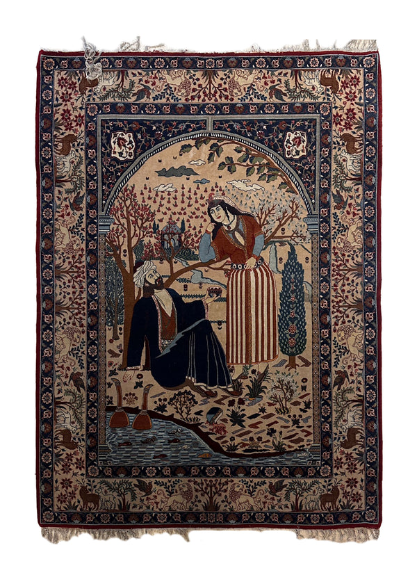A35387 Persian Rug Isfahan Handmade Area Traditional Vintage 3'5'' x 4'9'' -3x5- Whites Beige Red Pictorial Miniature Design