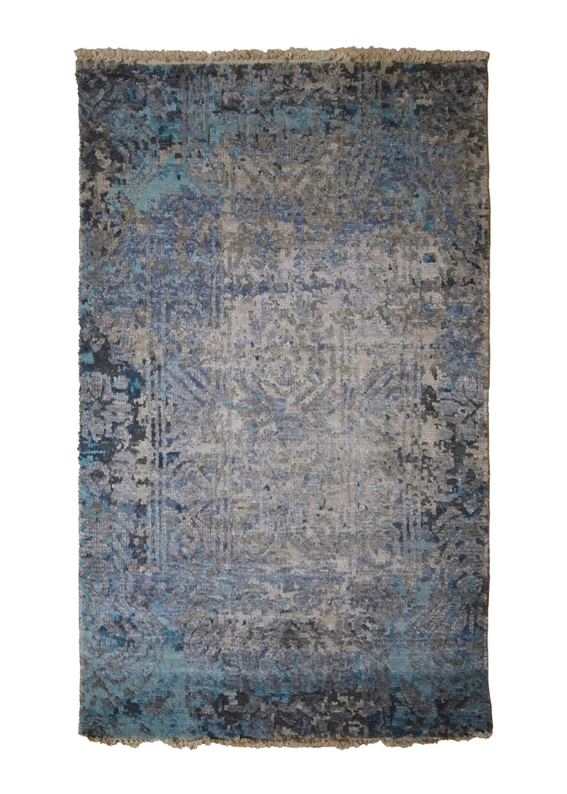A35390 Oriental Rug Indian Handmade Area Modern Neutral 2'0'' x 3'0'' -2x3- Whites Beige Blue Abstract Erased Design