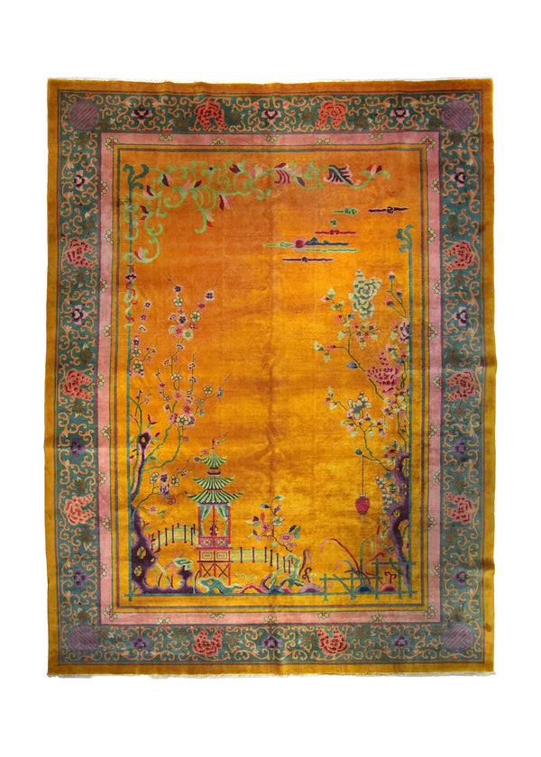A35396 Oriental Rug Chinese Handmade Area Antique Traditional 11'0'' x 14'6'' -11x15- Yellow Gold Purple Green Floral Art Deco Design
