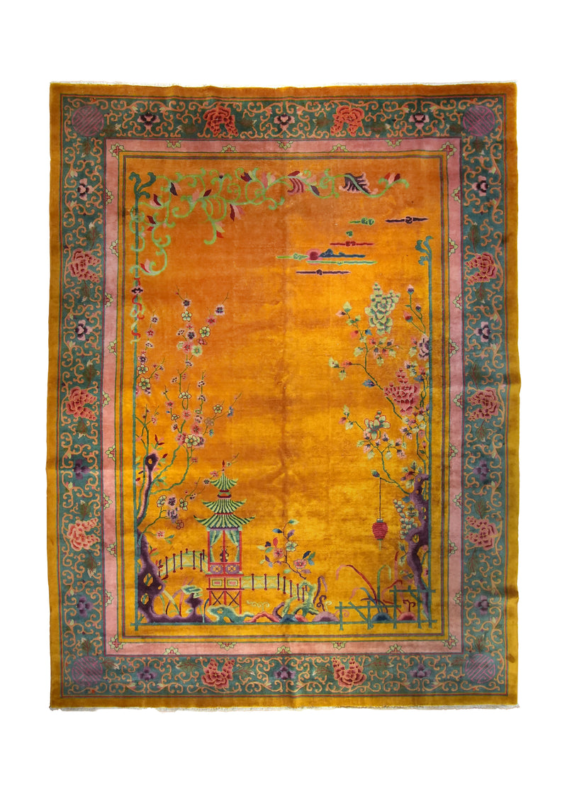 A35396 Oriental Rug Chinese Handmade Area Antique Traditional 11'0'' x 14'6'' -11x15- Yellow Gold Purple Green Floral Art Deco Design