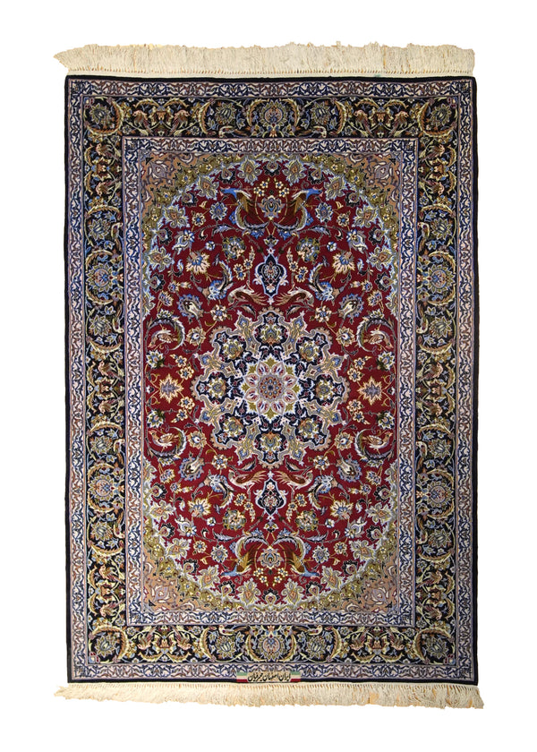 A35474 Persian Rug Isfahan Handmade Area Traditional 3'8'' x 5'3'' -4x5- Red Blue Floral Seirafian Design