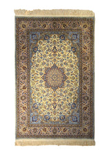 A35475 Persian Rug Isfahan Handmade Area Traditional 3'7'' x 5'3'' -4x5- Whites Beige Blue Yellow Gold Floral Design