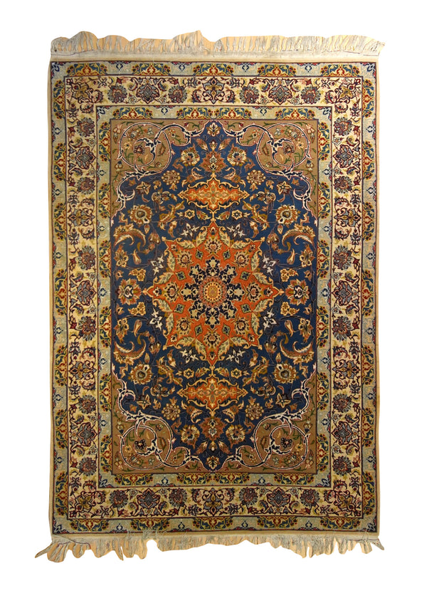 A35476 Persian Rug Isfahan Handmade Area Traditional 3'6'' x 5'2'' -4x5- Orange Blue Floral Design