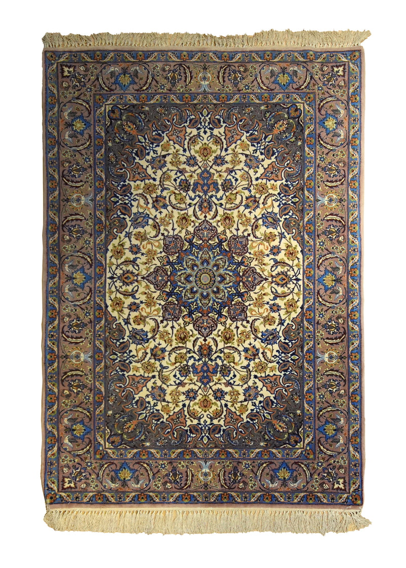 A35478 Persian Rug Isfahan Handmade Area Traditional 3'6'' x 5'1'' -4x5- Whites Beige Blue Floral Design