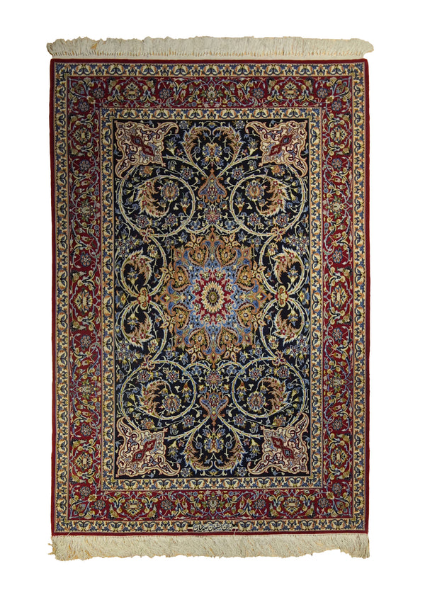 A35479 Persian Rug Isfahan Handmade Area Traditional 3'8'' x 5'5'' -4x5- Blue Red Floral Seirafian Design