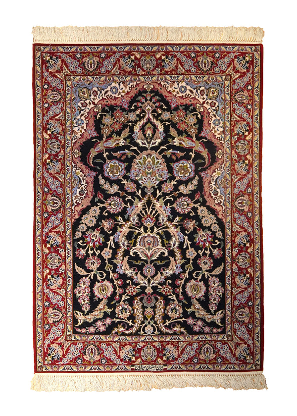 A35484 Persian Rug Isfahan Handmade Area Traditional 3'7'' x 5'2'' -4x5- Red Blue Floral Seirafian Design