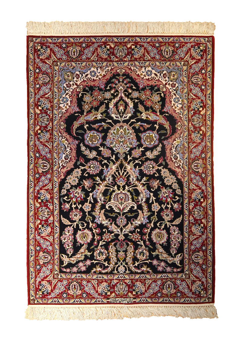 A35484 Persian Rug Isfahan Handmade Area Traditional 3'7'' x 5'2'' -4x5- Red Blue Floral Seirafian Design