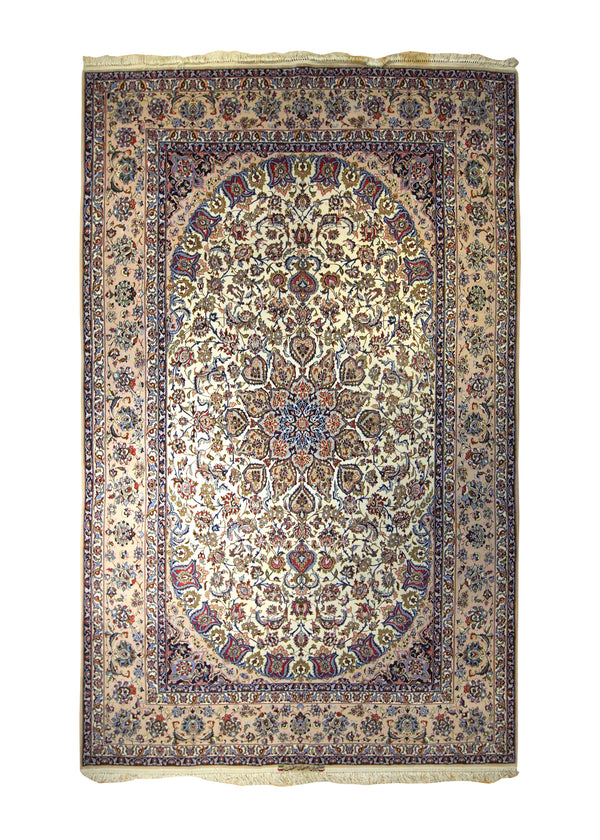 A35486 Persian Rug Isfahan Handmade Area Traditional 6'6'' x 10'2'' -7x10- Whites Beige Blue Floral Haghighat Design