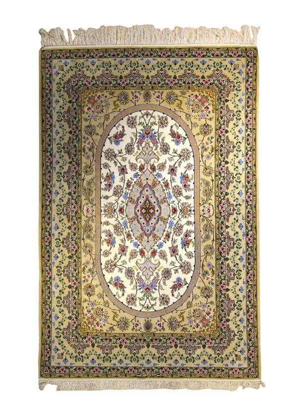A35490 Persian Rug Isfahan Handmade Area Traditional 5'2'' x 7'9'' -5x8- Yellow Gold Whites Beige Purple Floral Safdari Design