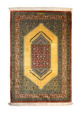 A35498 Persian Rug Qum Handmade Area Traditional 2'8'' x 3'11'' -3x4- Yellow Gold Red Open Field Kermani Herati Design