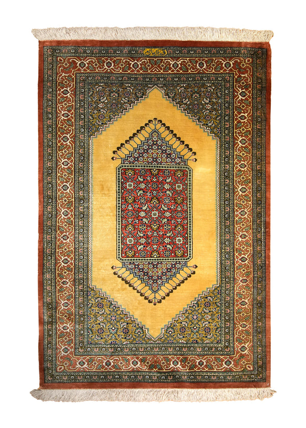 A35498 Persian Rug Qum Handmade Area Traditional 2'8'' x 3'11'' -3x4- Yellow Gold Red Open Field Kermani Herati Design