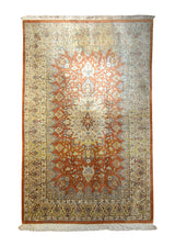 A35502 Persian Rug Qum Handmade Area Traditional 2'7'' x 3'11'' -3x4- Orange Yellow Gold Floral Design