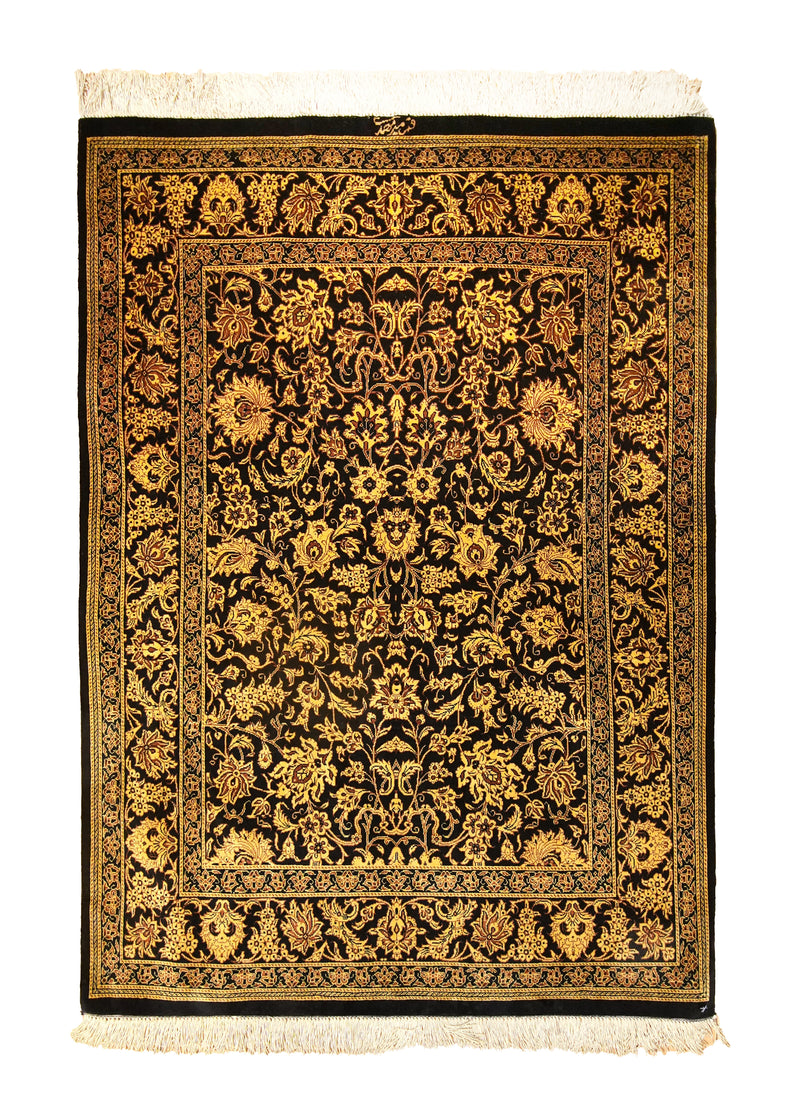 A35505 Persian Rug Qum Handmade Area Traditional 2'8'' x 3'9'' -3x4- Yellow Gold Black Floral Mirmehdi Versace Design
