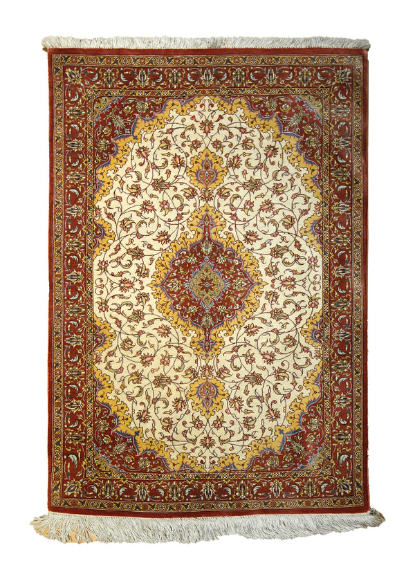 A35506 Persian Rug Isfahan Handmade Area Traditional 2'0'' x 3'0'' -2x3- Yellow Gold Red Whites Beige Floral Design