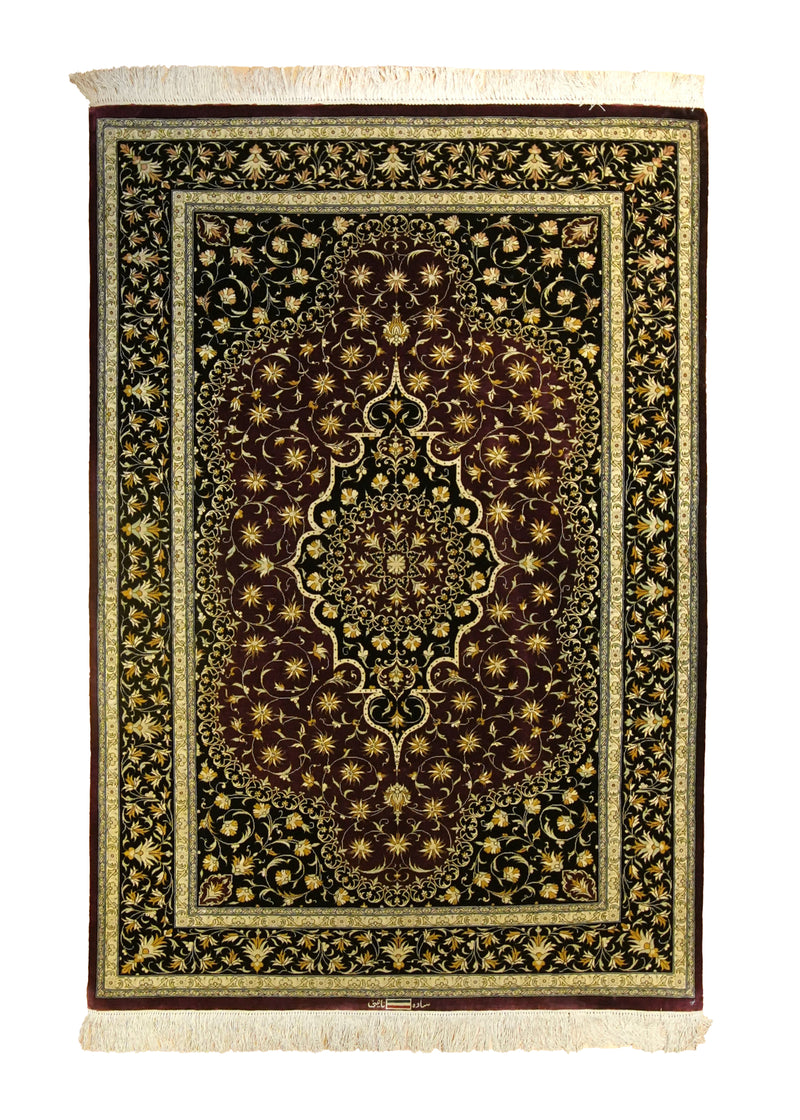 A35511 Persian Rug Saveh Handmade Area Traditional 3'3'' x 4'9'' -3x5- Red Yellow Gold Black Floral Naini Design
