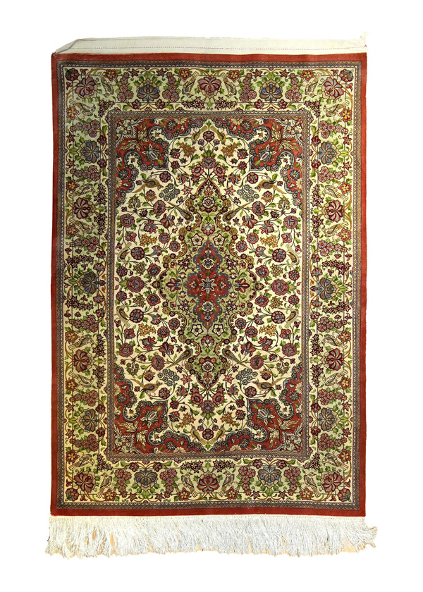 A35518 Persian Rug Qum Handmade Area Traditional 3'3'' x 4'9'' -3x5- Whites Beige Red Floral Design