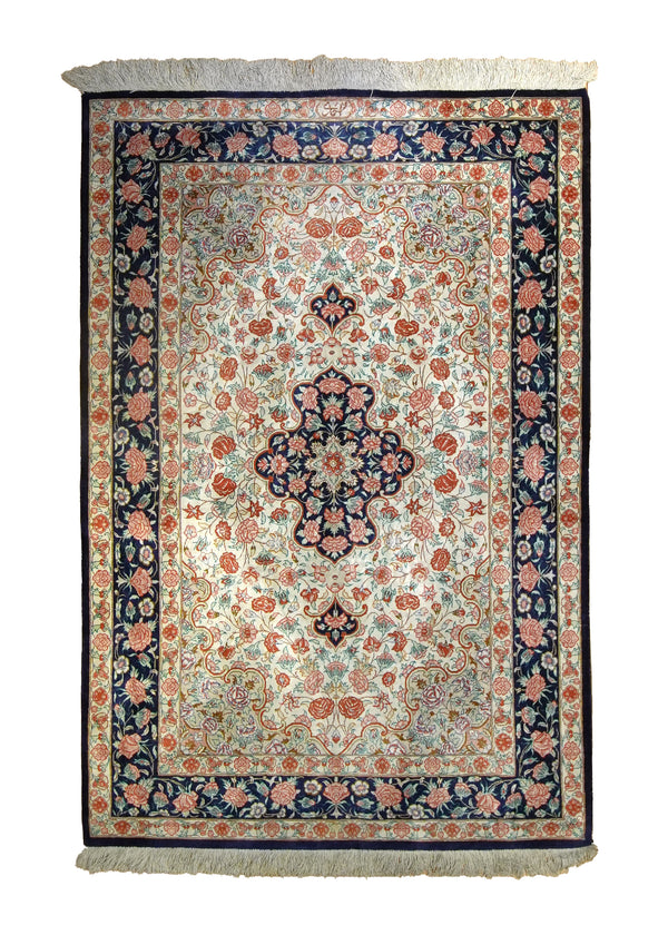 A35520 Persian Rug Qum Handmade Area Traditional 3'3'' x 4'10'' -3x5- Whites Beige Pink Floral Ahmadi Design