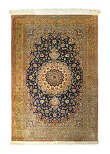 A35525 Persian Rug Qum Handmade Area Traditional 3'4'' x 4'10'' -3x5- Whites Beige Blue Floral Lajevardi Design
