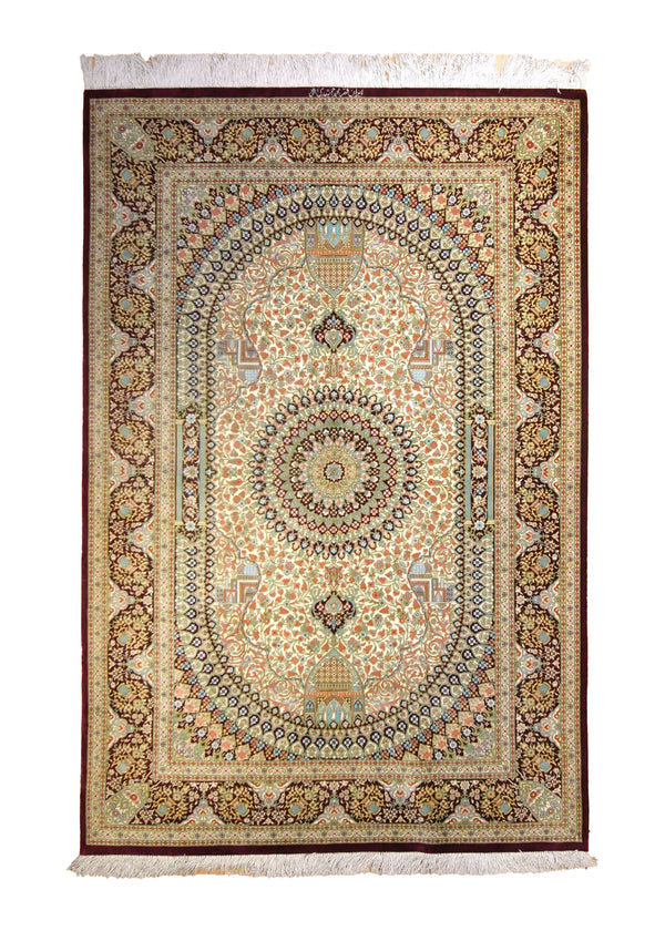A35526 Persian Rug Qum Handmade Area Traditional 3'4'' x 4'11'' -3x5- Whites Beige Blue Purple Floral Jamshidi Design