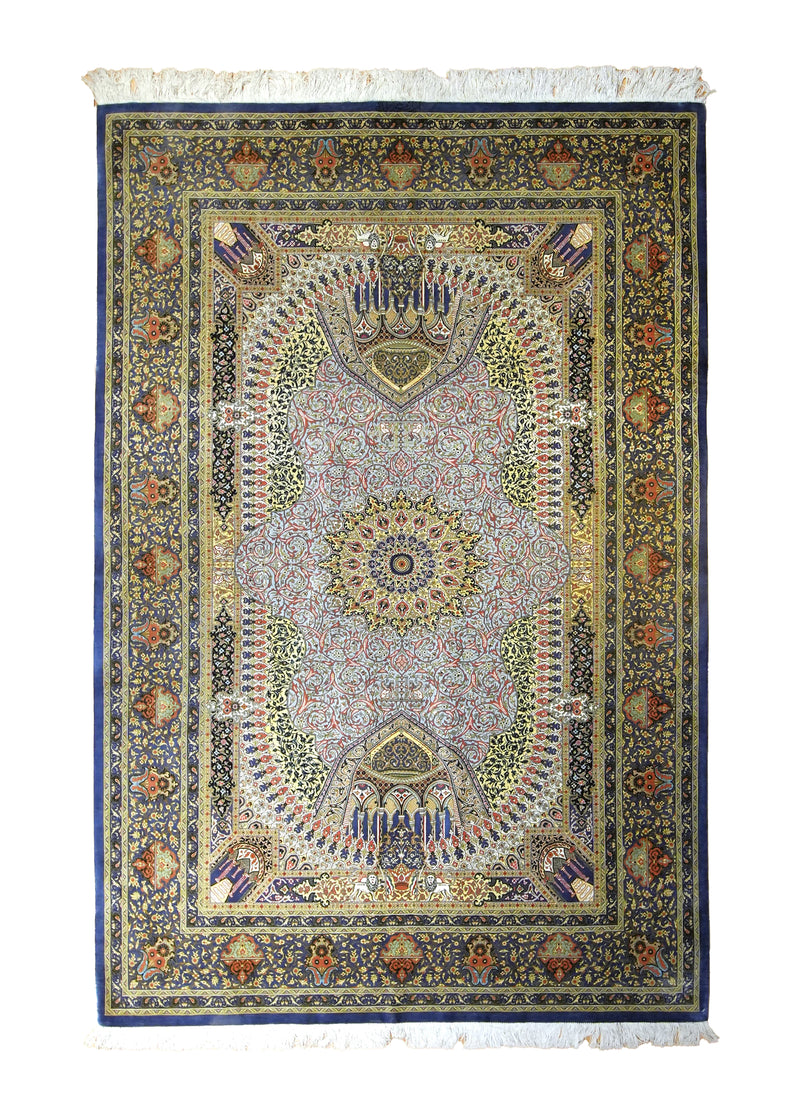 A35536 Persian Rug Qum Handmade Area Traditional 4'6'' x 6'10'' -5x7- Blue Green Purple Gonbad Dome Babaie Design
