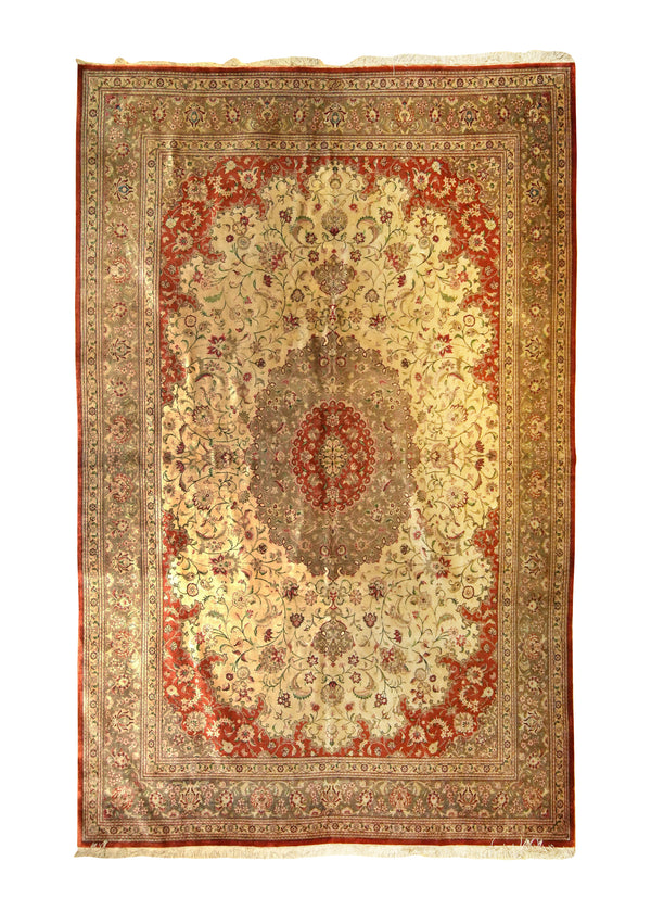 A35537 Persian Rug Qum Handmade Area Traditional 6'4'' x 9'10'' -6x10- Whites Beige Red Floral Rahimi Design