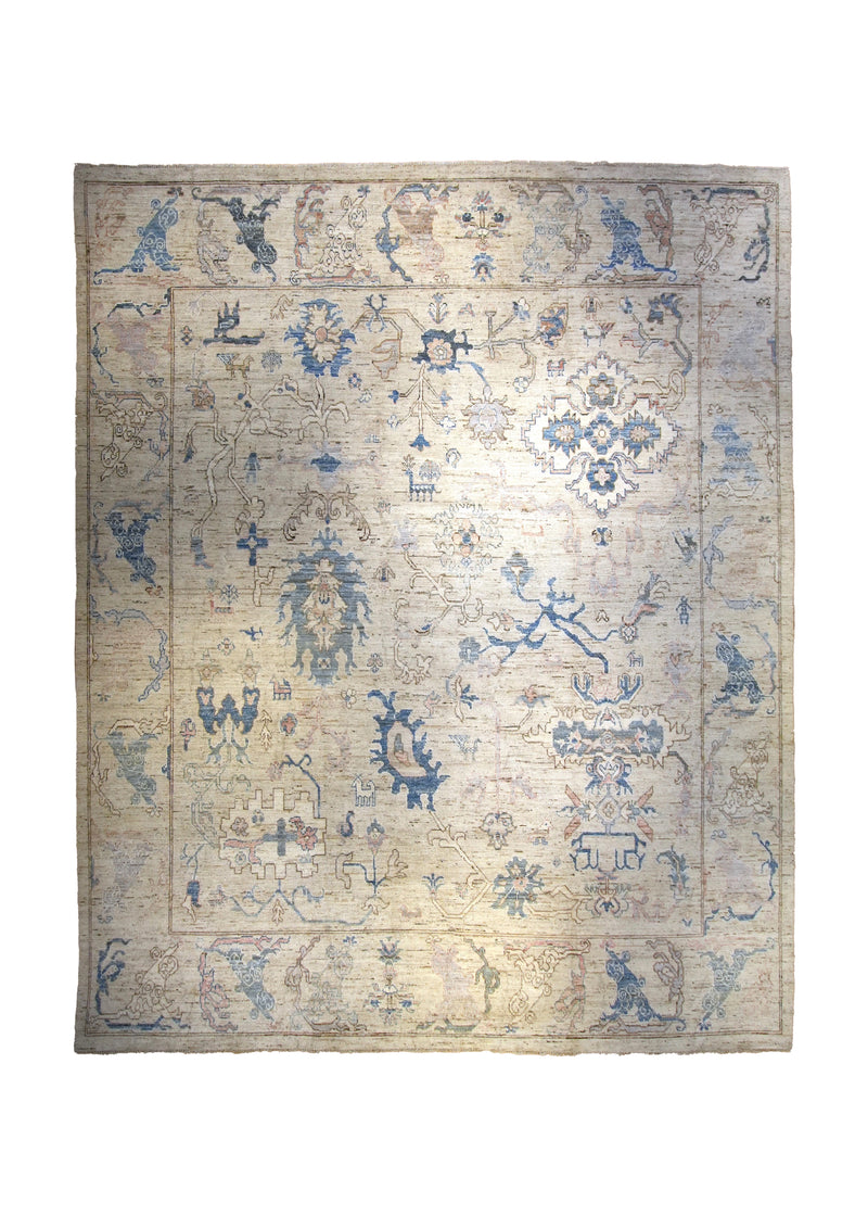 A35545 Oriental Rug Afghan Handmade Area Transitional Neutral 12'0'' x 14'10'' -12x15- Whites Beige Blue Geometric Oushak Design