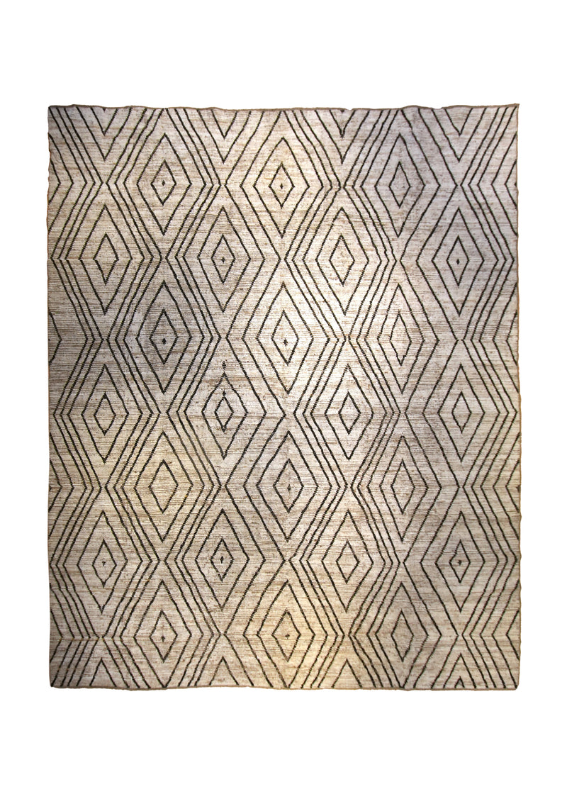A35553 Oriental Rug Afghan Handmade Area Transitional 12'7'' x 14'8'' -13x15- Whites Beige Black Geometric Moroccan Design