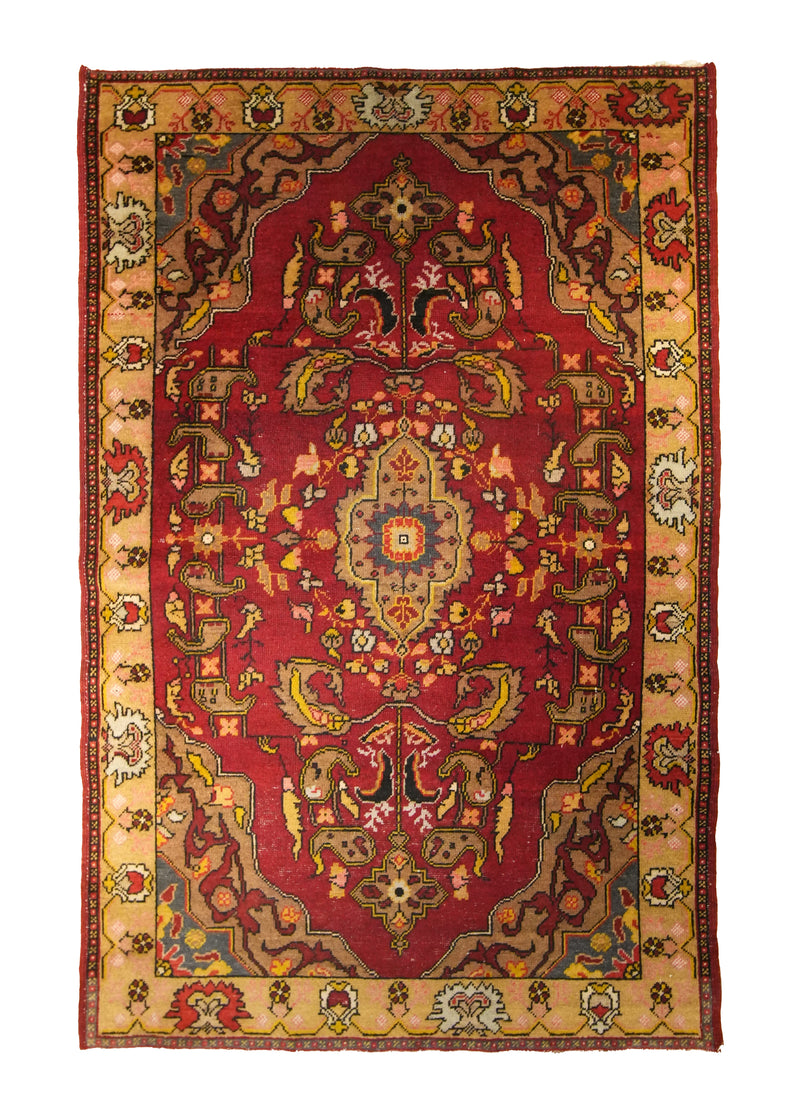 A35555 Oriental Rug Turkish Handmade Area Antique Tribal 4'9'' x 7'3'' -5x7- Red Yellow Gold Geometric Design