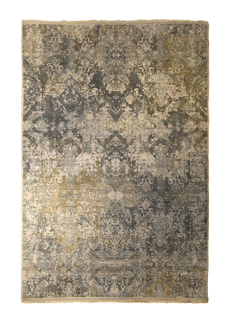 A35569 Oriental Rug Indian Handmade Area Modern Neutral 5'12'' x 9'0'' -6x9- Whites Beige Green Yellow Gold Abstract Erased Design
