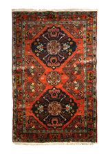 A35600 Persian Rug Nahavand Handmade Area Tribal Vintage 4'4'' x 6'7'' -4x7- Red Geometric Design