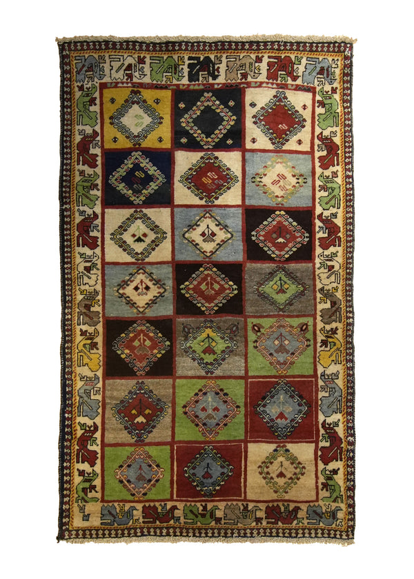 A35615 Persian Rug Yalameh Handmade Area Tribal Vintage 3'7'' x 6'0'' -4x6- Yellow Gold Green Multi-color Geometric Garden Animals Design