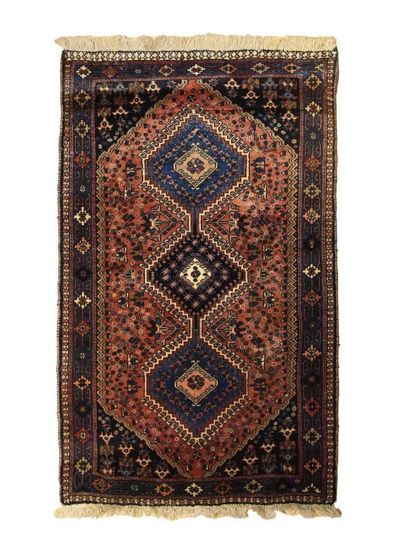 A35616 Persian Rug Yalameh Handmade Area Tribal Vintage 2'7'' x 4'2'' -3x4- Blue Red Geometric Design
