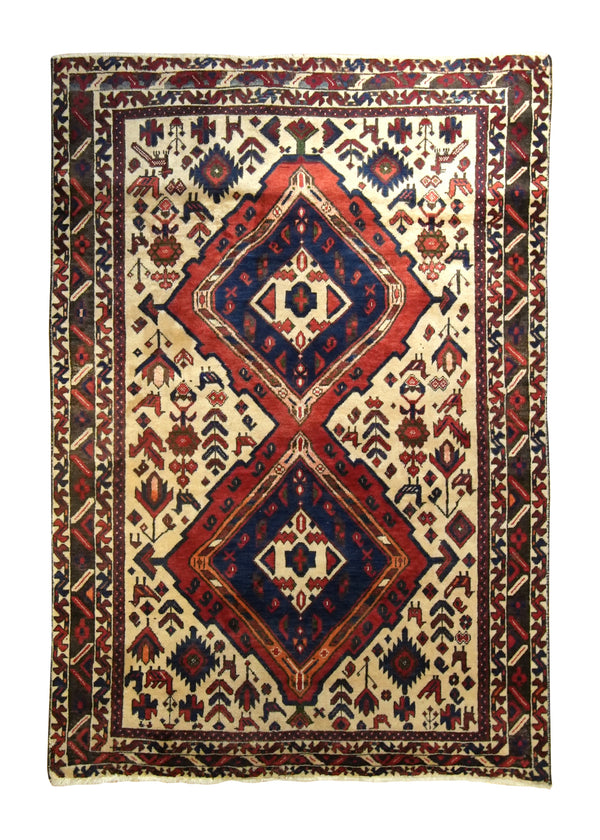 A35621 Persian Rug Afshar Handmade Area Tribal Vintage 3'10'' x 5'8'' -4x6- Whites Beige Red Geometric Animals Design