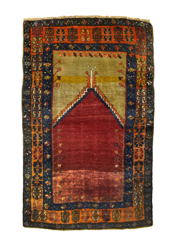 A35626 Oriental Rug Turkish Handmade Area Antique Tribal 3'8'' x 5'10'' -4x6- Yellow Gold Red Geometric Prayer Rug Design