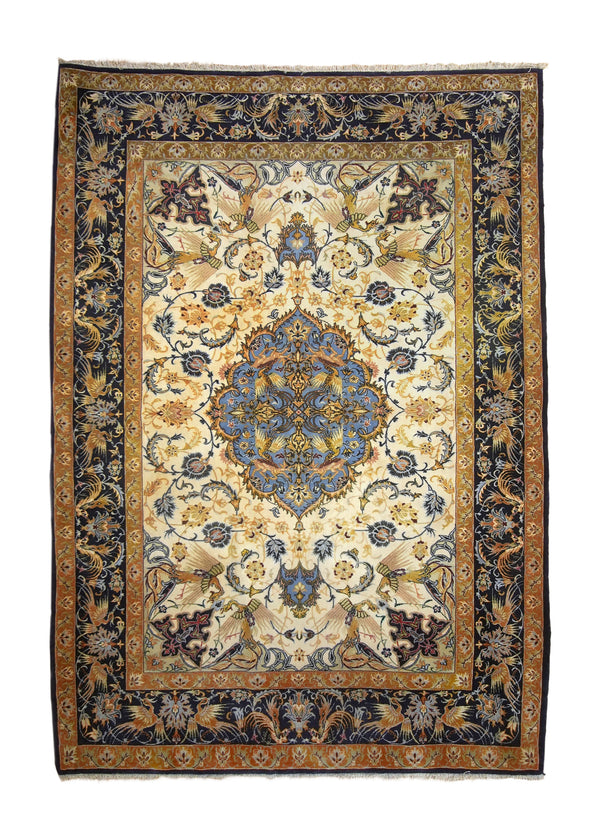 A35633 Persian Rug Isfahan Handmade Area Traditional Vintage 3'10'' x 5'6'' -4x6- Blue Yellow Gold Floral Animals Design