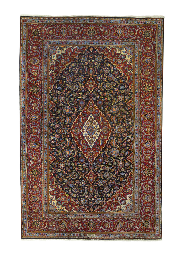 A35640 Persian Rug Kashan Handmade Area Traditional 4'9'' x 7'4'' -5x7- Red Blue Floral Toranj Mehrab Design