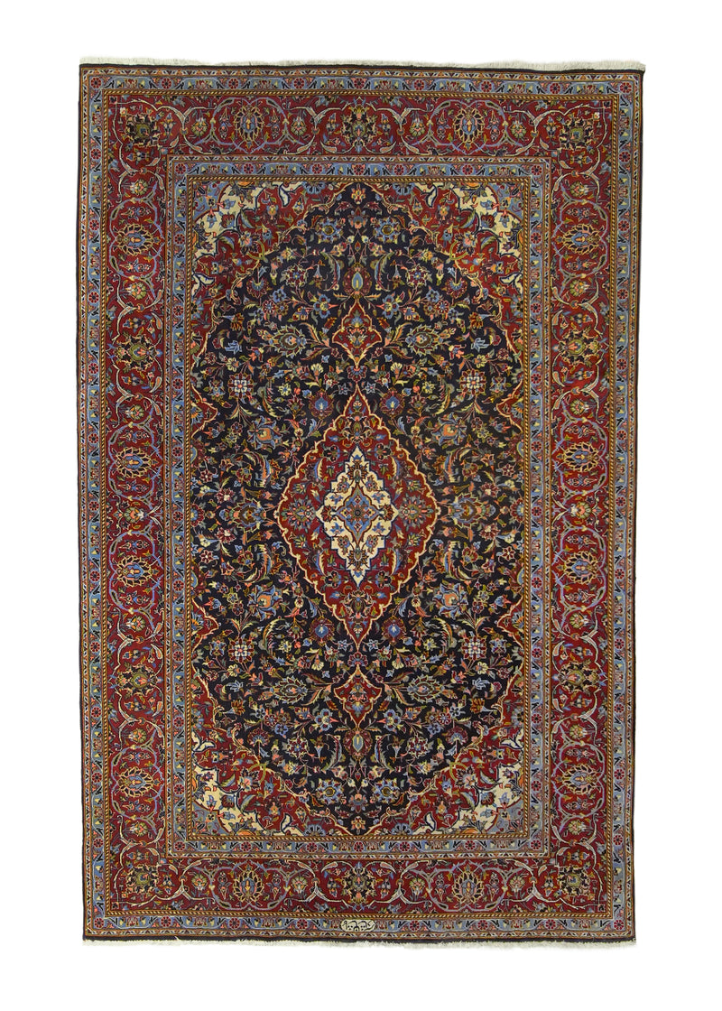 A35640 Persian Rug Kashan Handmade Area Traditional 4'9'' x 7'4'' -5x7- Red Blue Floral Toranj Mehrab Design