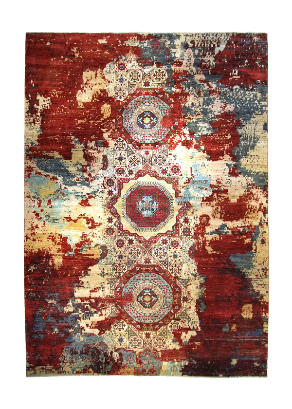 A35645 Oriental Rug Pakistani Handmade Area Transitional Modern 12'3'' x 17'6'' -12x18- Blue Red Yellow Gold Mamluk Abstract Design